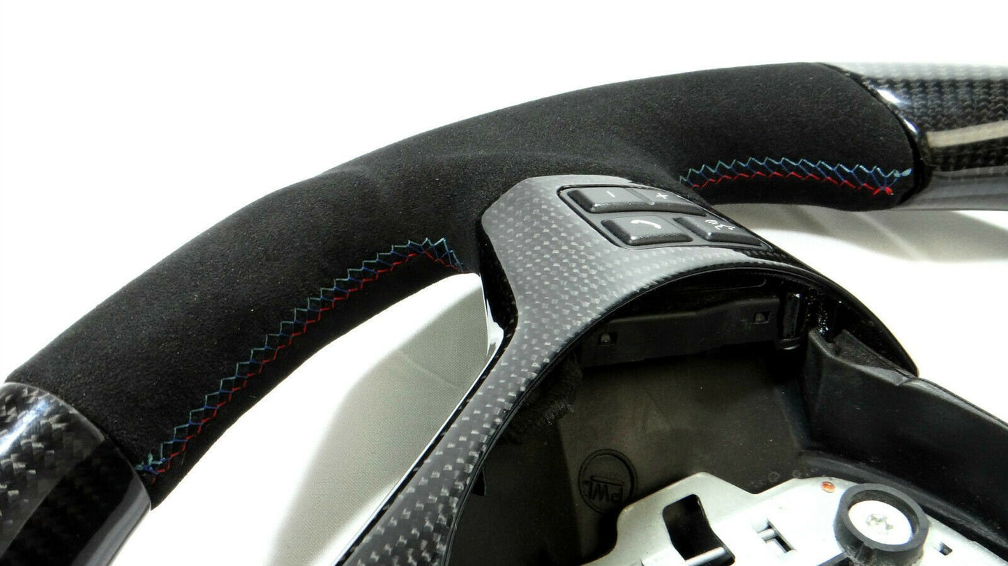 BMW E70 E71 Steering Wheel Carbon Fiber Alcantara Stripes Flat Bottom