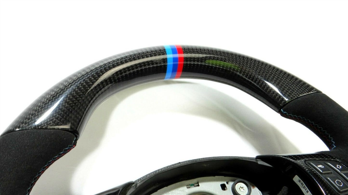 BMW E70 E71 Steering Wheel Carbon Fiber Alcantara Stripes Flat Bottom