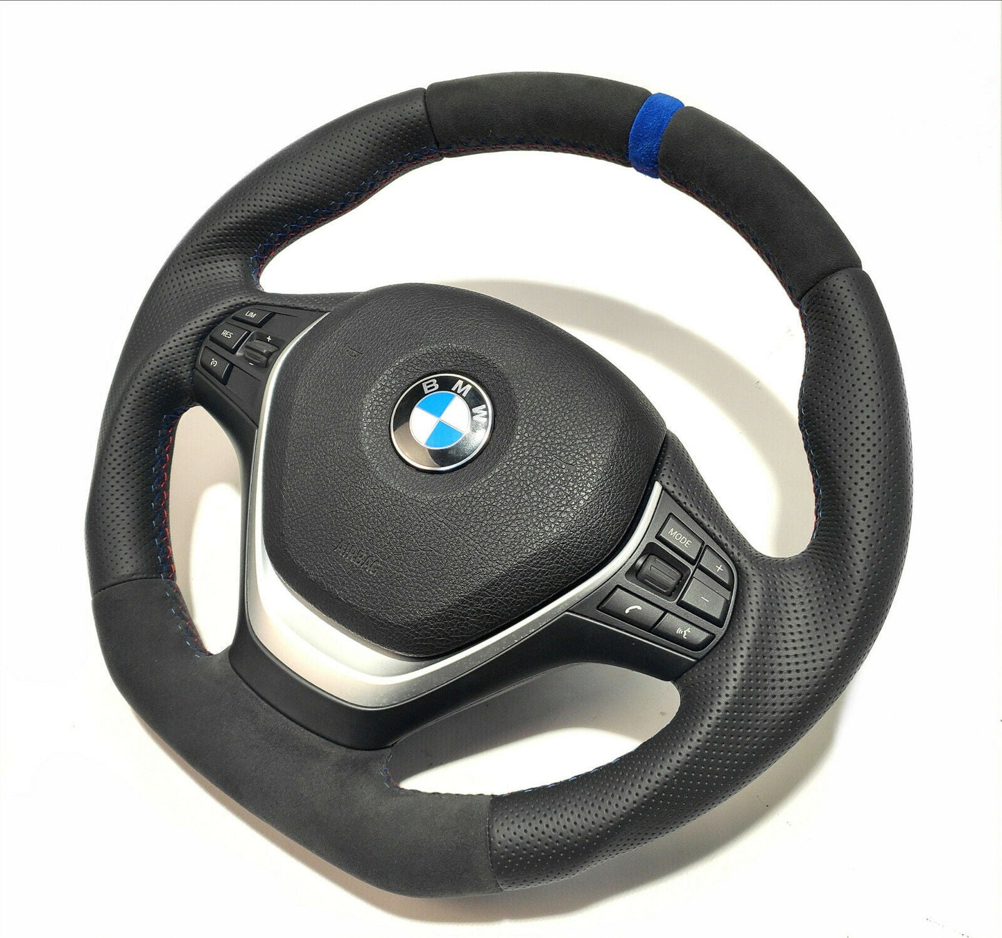 BMW F30 Steering Wheel Leather Blue Alcantara Stripe Flat Bottom