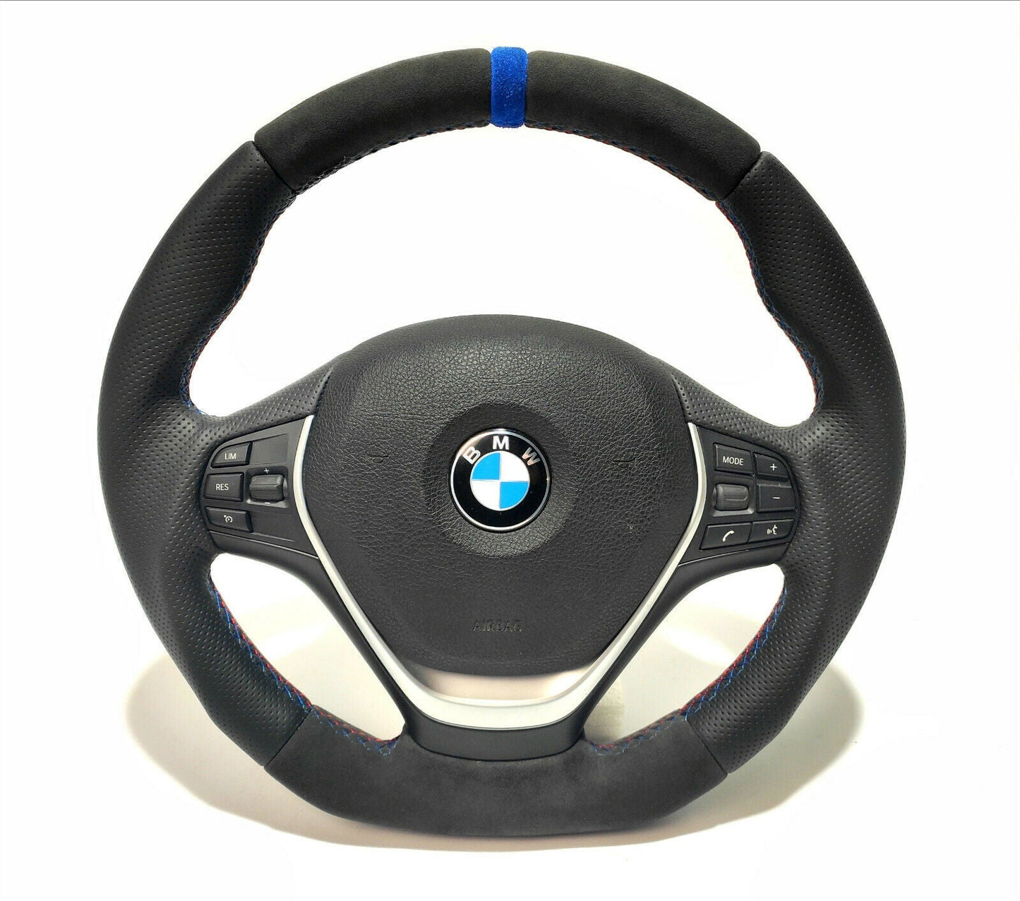 BMW F30 Steering Wheel Leather Blue Alcantara Stripe Flat Bottom