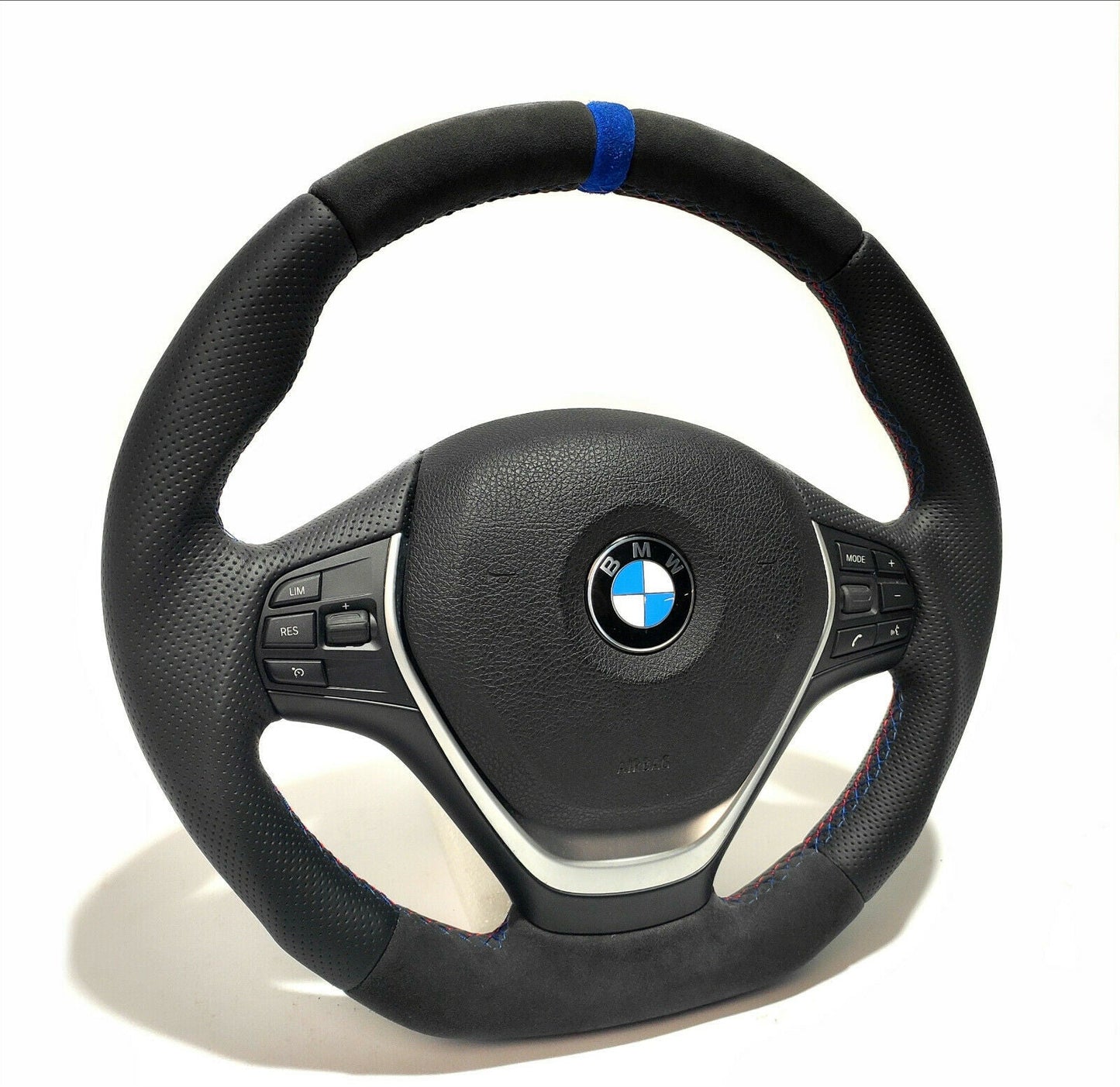 BMW F30 Steering Wheel Leather Blue Alcantara Stripe Flat Bottom