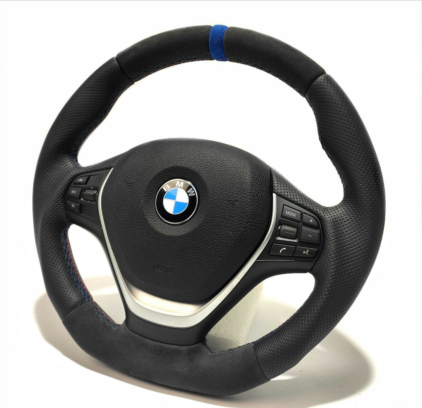 BMW F30 Steering Wheel Leather Blue Alcantara Stripe Flat Bottom