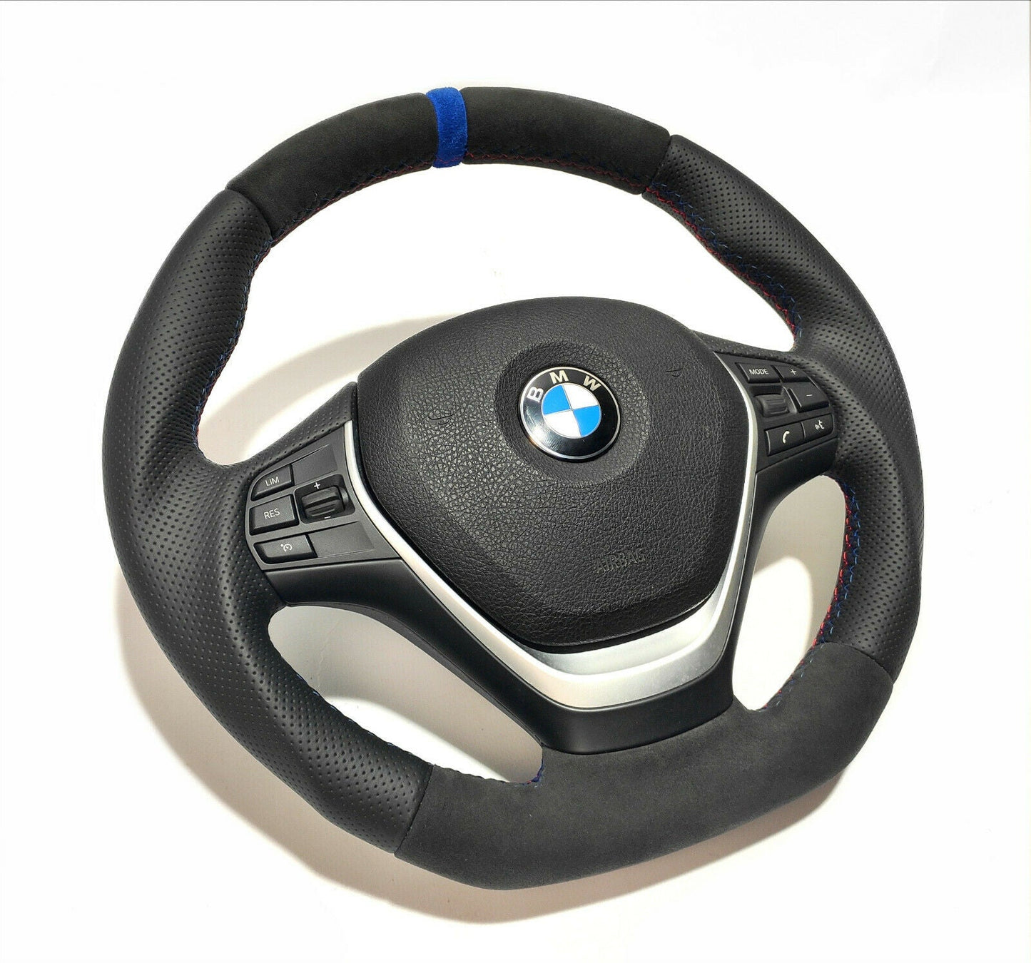 BMW F30 Steering Wheel Leather Blue Alcantara Stripe Flat Bottom