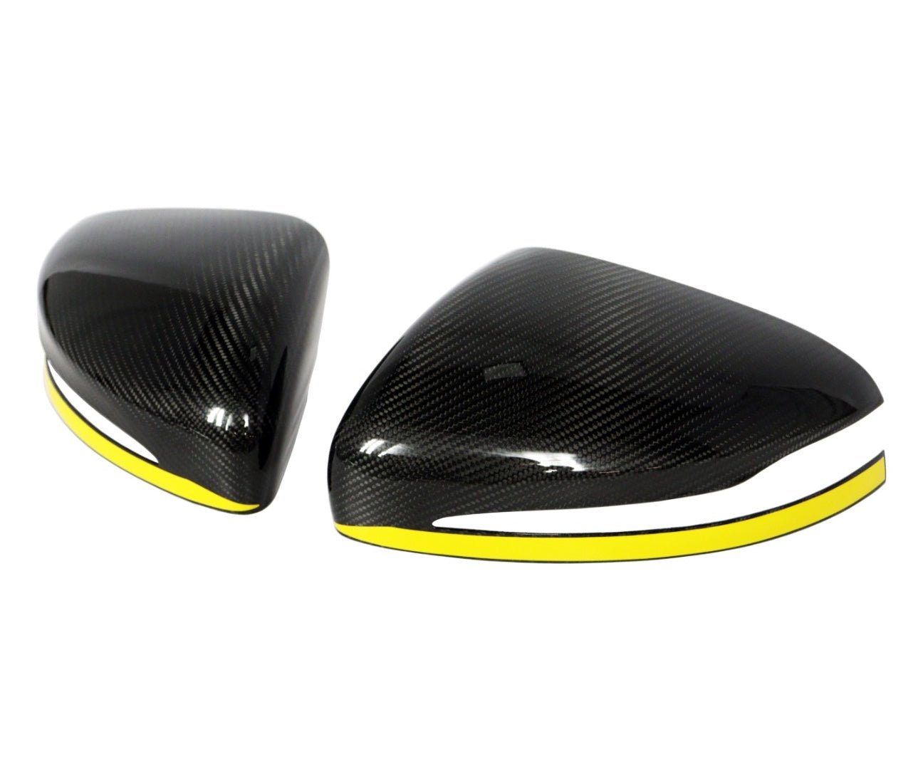 Carbon Mirror Covers with Yellow Stripe for Mercedes-Benz G-Class W463A W464 G63 from Tuning Shop, featuring genuine carbon fiber and a UV-resistant coating.