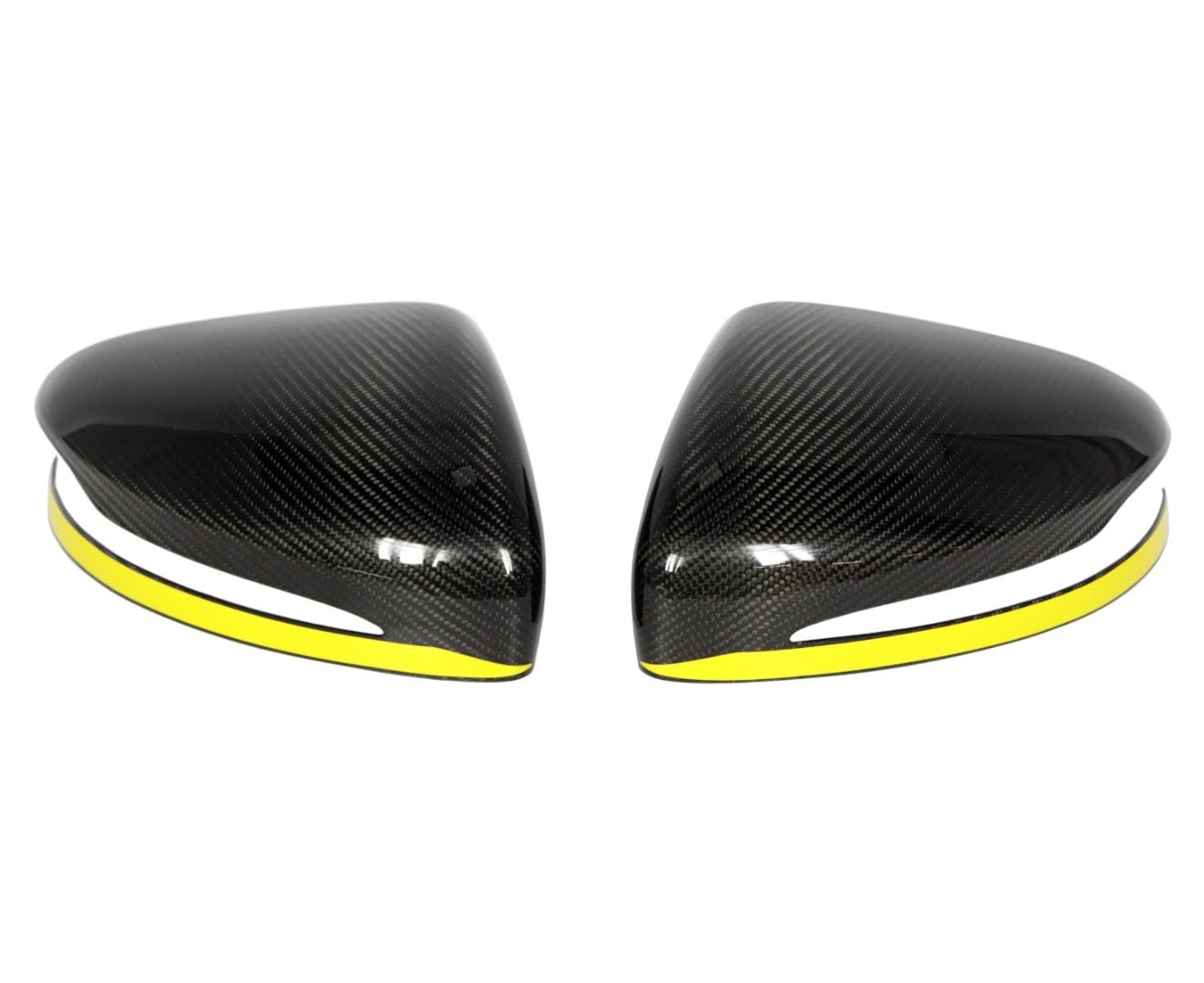 Carbon Mirror Covers with Yellow Stripe for Mercedes-Benz G-Class W463A W464 G63 from Tuning Shop, featuring genuine carbon fiber and a UV-resistant coating.