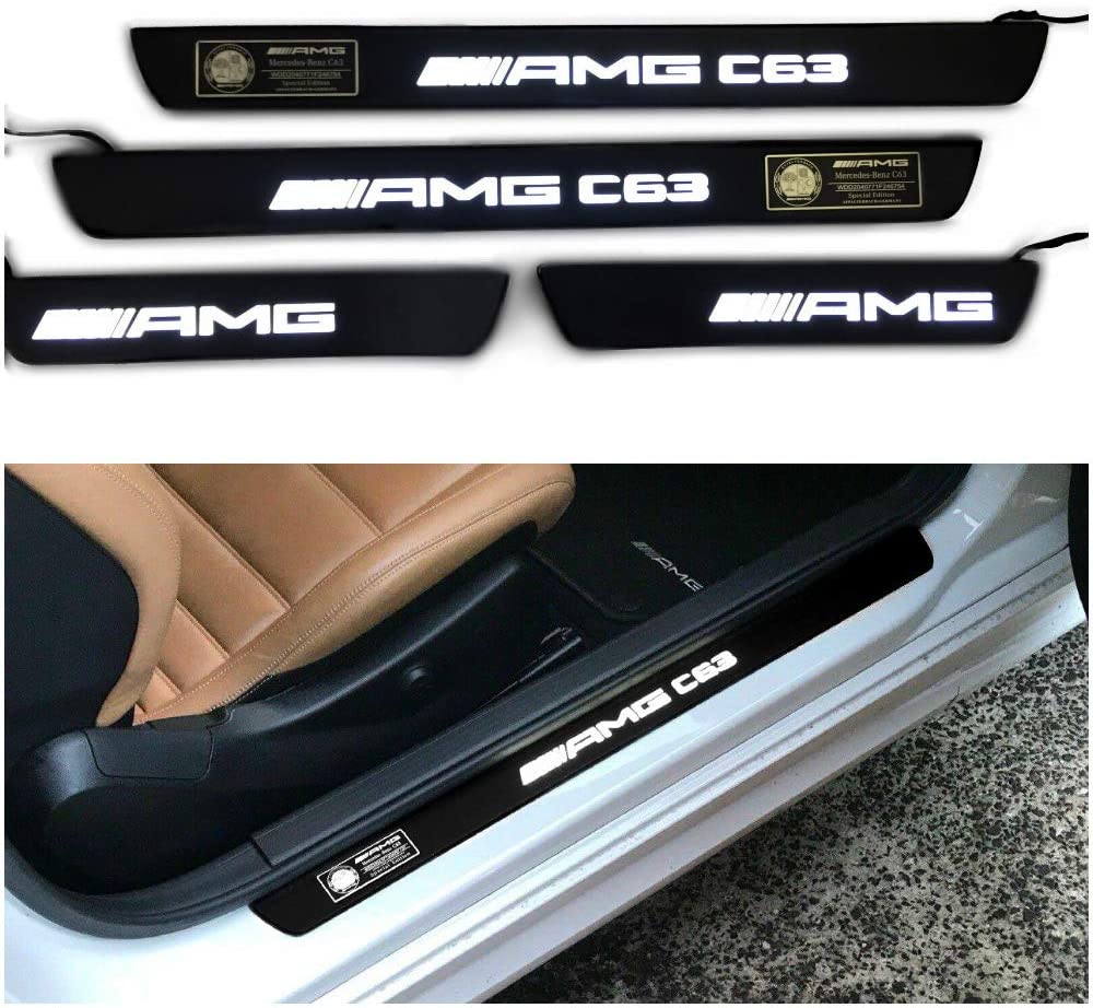 Mercedes-Benz AMG C63 W205 W204 W213 C Class mouldings LED Illuminated Door Sills Interior Trim Set 4 pcs Stainless Steel Black Matte White Sign