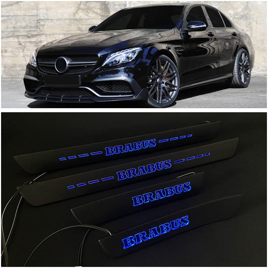 Mercedes-Benz Brabus W205 W204 W213 C E Class Door Sills mouldings LED Illuminated Interior Trim Set 4 pcs Stainless Steel Black Matte Blue Sign