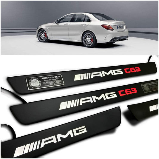 Black door sills LED Illuminated white with red AMG C63 sign for Mercedes W205 W204 W213 C Class