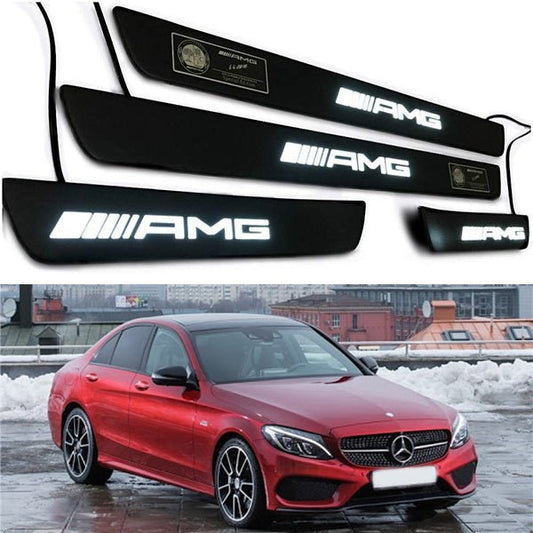 White AMG LED Illuminated Door Sills 4 pcs Black Matte for Mercedes W205 W204 W213 C Class