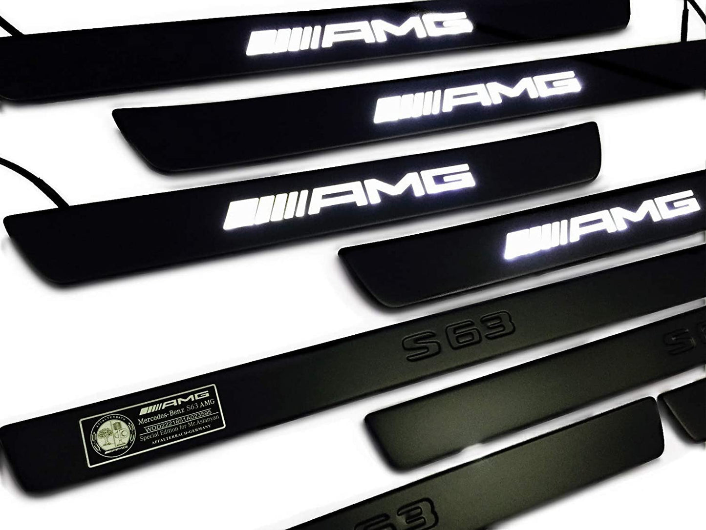 Black door sills LED Illuminated white AMG S63 sign for W222 S222 S63 S500 S550 S65 S Class