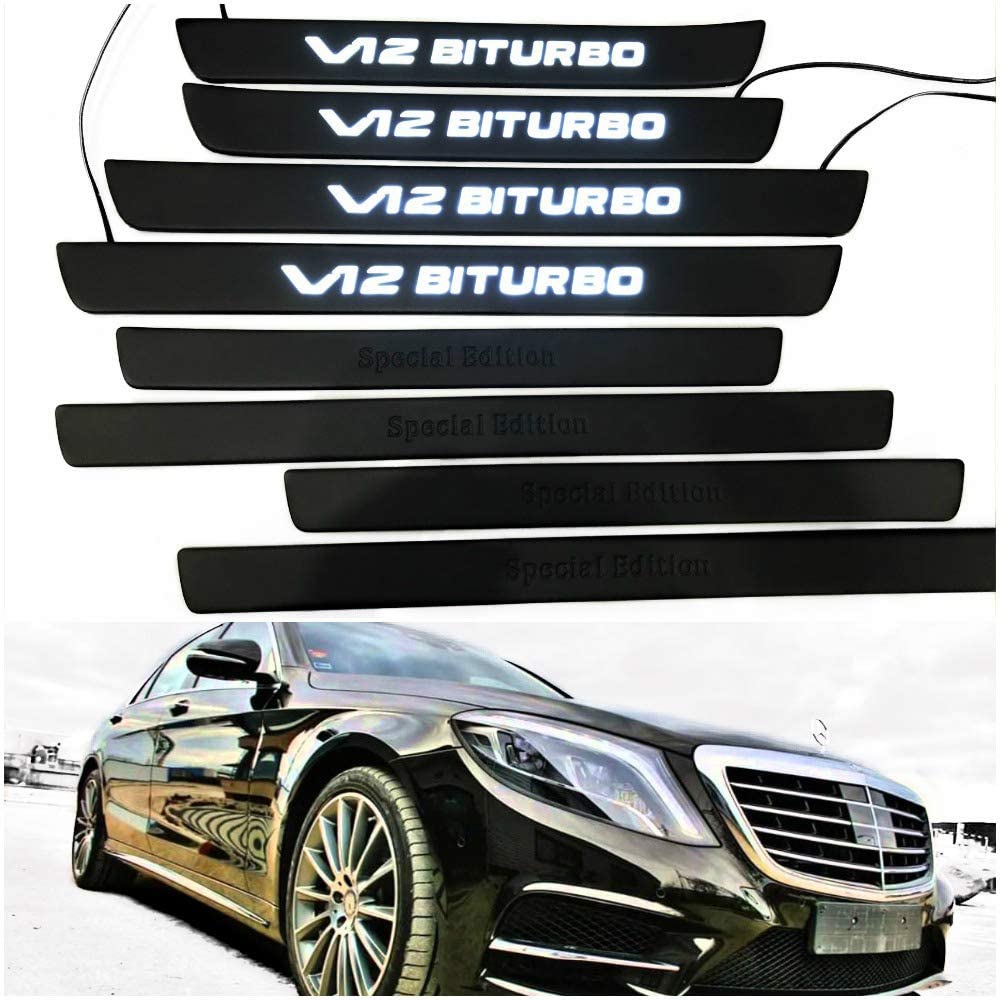 Black door sills LED Illuminated white V12 Biturbo sign for W222 S222 S63 S500 S550 S65 S Class