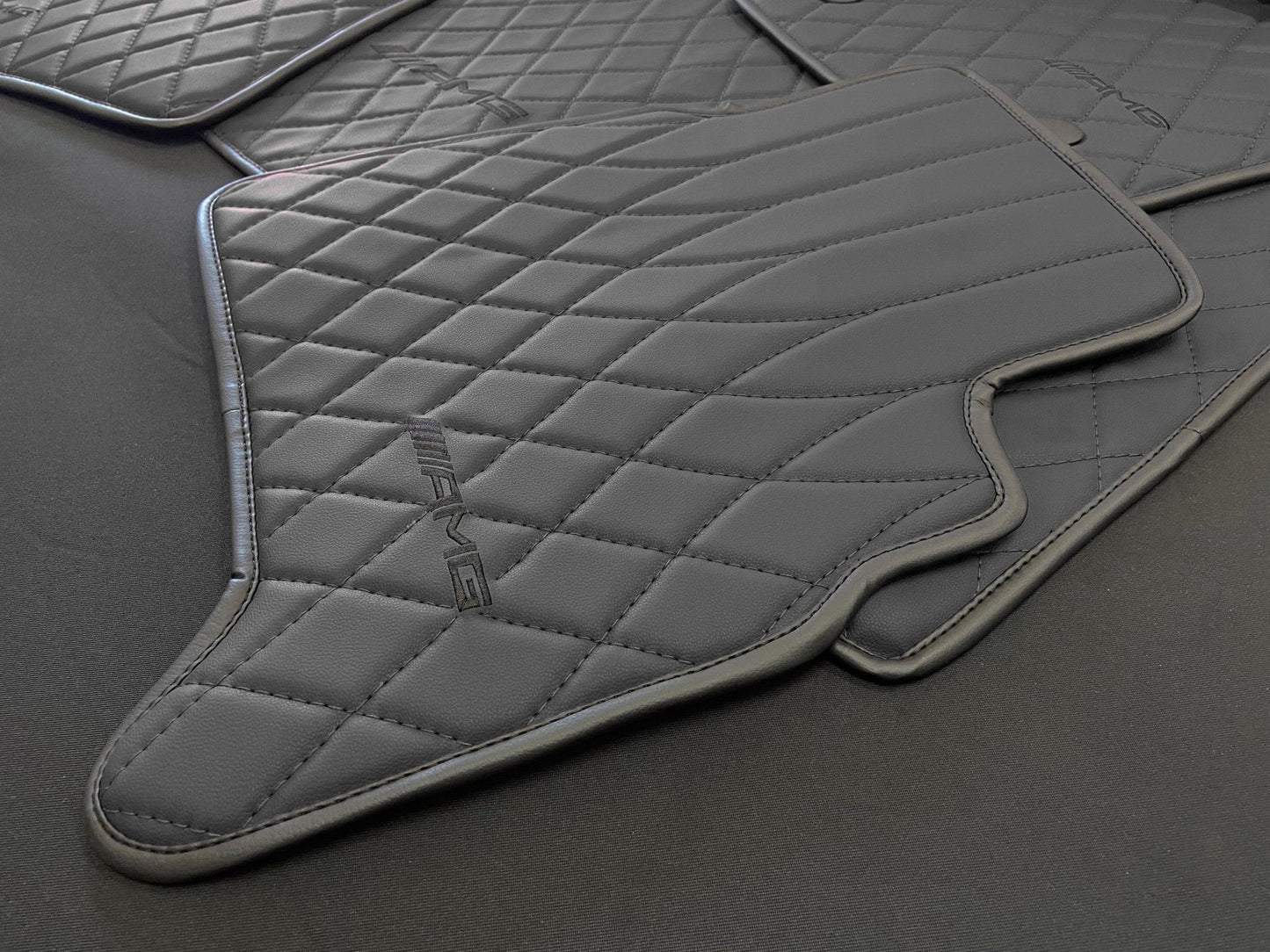 Mercedes-Benz W463A G63 G500 Floor Mats Soft Black Leather Black Stitching Logo Emblem