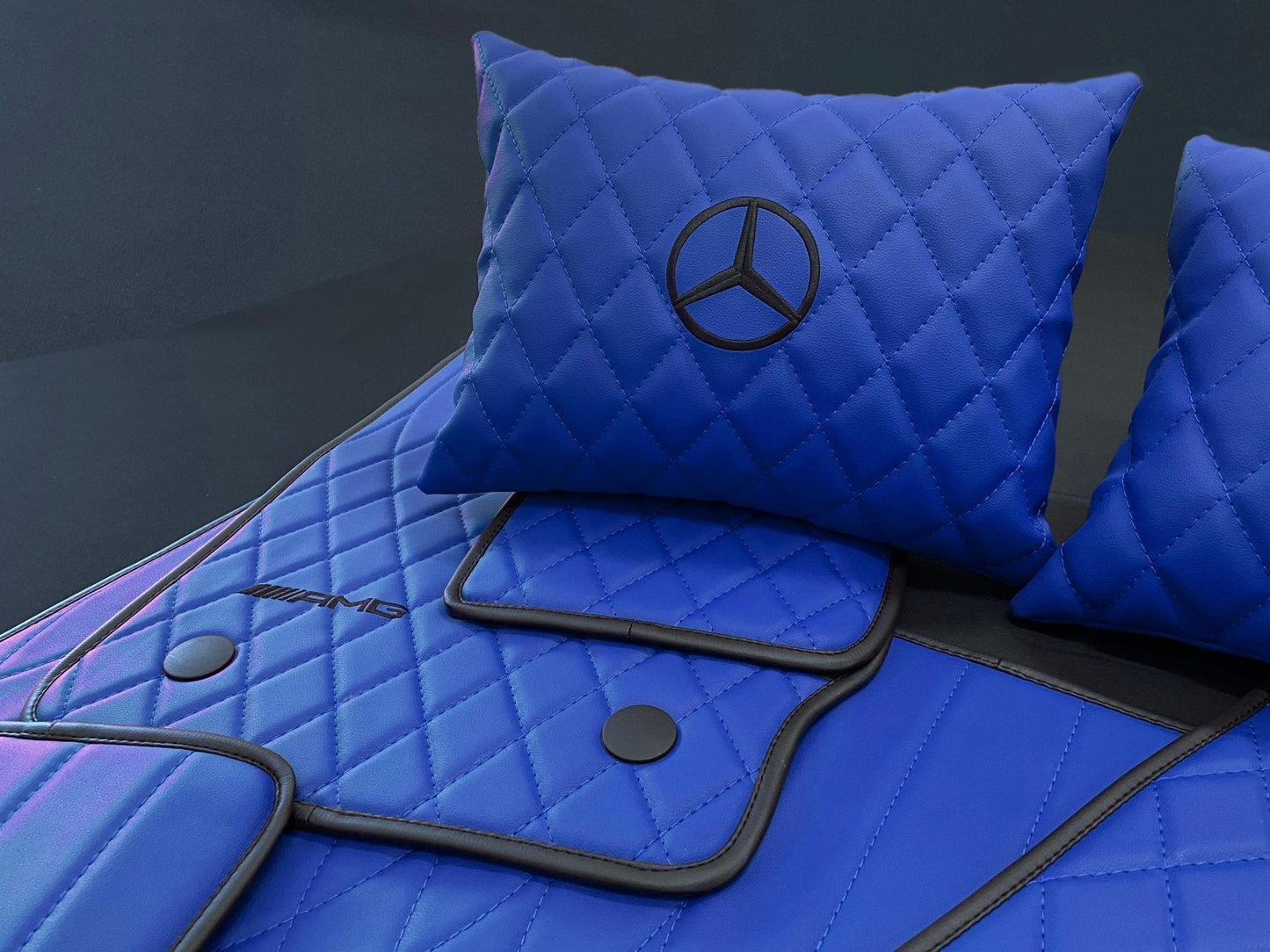 Mercedes-Benz W463A G63 G500 Floor Mats Soft Blue Leather Black Stitching Logo Emblem