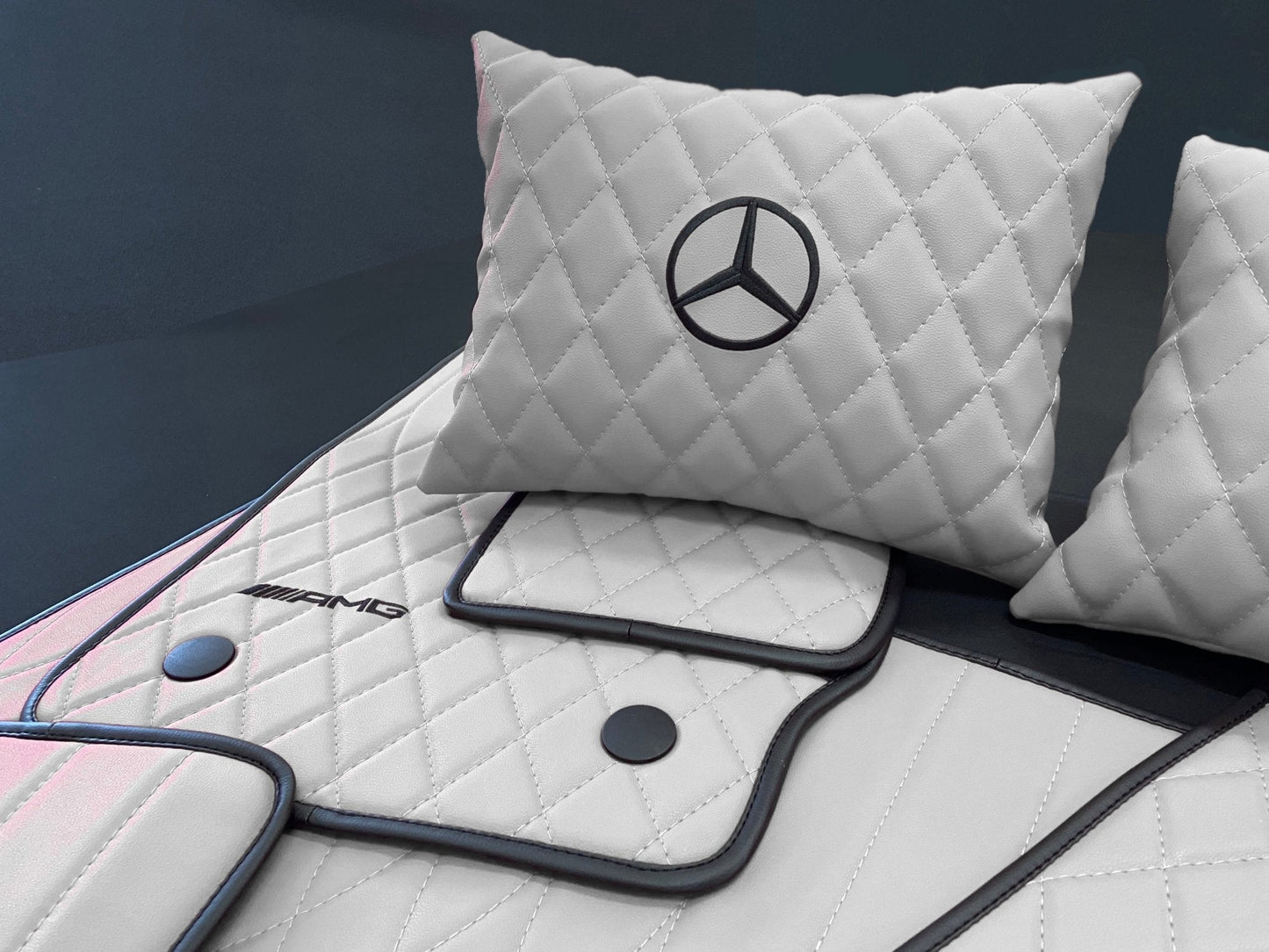 Mercedes-Benz W463A G63 G500 Floor Mats Soft White Leather Black Stitching Logo Emblem