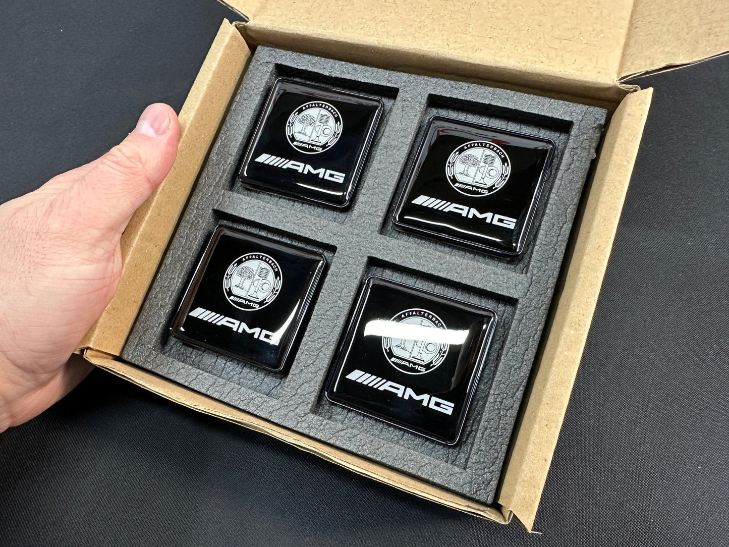 Seats Emblem set in black color with AMG Affalterbach logo for Mercedes-Benz
